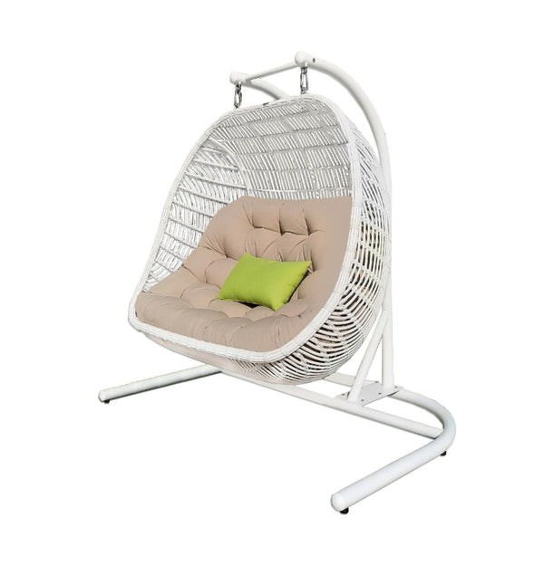 Homeroots 69" Beige And White Metal Indoor Outdoor Swing Chair With Beige Cushion  Rattan,Aluminium,Fabric 482869