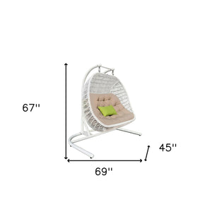 Homeroots 69" Beige And White Metal Indoor Outdoor Swing Chair With Beige Cushion  Rattan,Aluminium,Fabric 482869