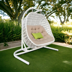 Homeroots 69" Beige And White Metal Indoor Outdoor Swing Chair With Beige Cushion  Rattan,Aluminium,Fabric 482869
