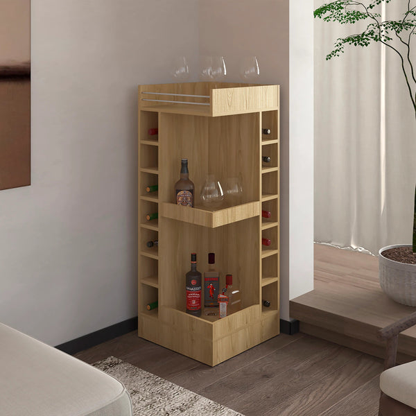 English Elm Natural Oak Tall Bar Cabinet with Built-In Wine Rack, 4 Open Shelves for Stylish Storage & Décor B062P290259