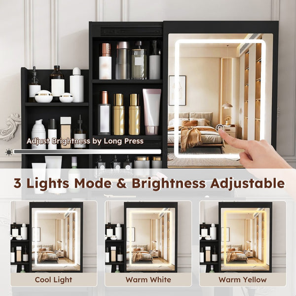 English Elm Modern Vanity Desk with Led Lighting Four Drawers Glossy Mdf and Dressing Chair W509P465829
