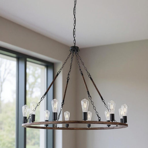 Brown Metal Twelve Light Dimmable Chandelier for Elegant Dining or Living Spaces