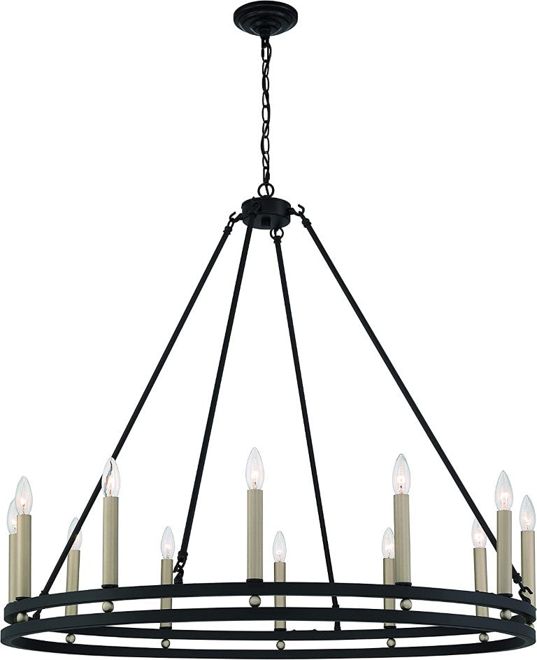 HomeRoots Black Metal Chandelier with Gold Accents Twelve Candelabra Lights Dimmable Elegant 482905