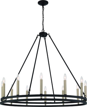 HomeRoots Black Metal Chandelier with Gold Accents Twelve Candelabra Lights Dimmable Elegant 482905