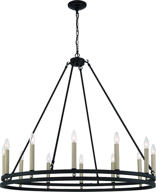 HomeRoots Black Metal Chandelier with Gold Accents Twelve Candelabra Lights Dimmable Elegant 482905