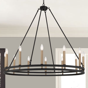 Black Metal Chandelier with Gold Accents Twelve Candelabra Lights Dimmable Elegant