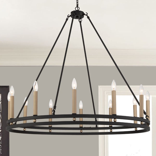 Black Metal Chandelier with Gold Accents Twelve Candelabra Lights Dimmable Elegant