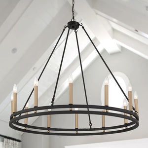 Black Metal Chandelier with Gold Accents Twelve Candelabra Lights Dimmable Elegant