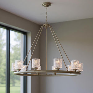 Silver Ten Light Dimmable Chandelier with White Shades for Elegant Dining Rooms