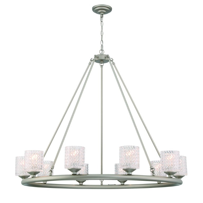 HomeRoots Silver Ten Light Dimmable Chandelier with White Shades for Elegant Dining Rooms 482906