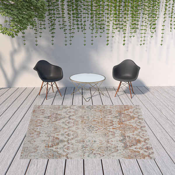 Homeroots 8' X 10' Beige Damask Stain Resistant Indoor Outdoor Area Rug  Polypropylene 482918