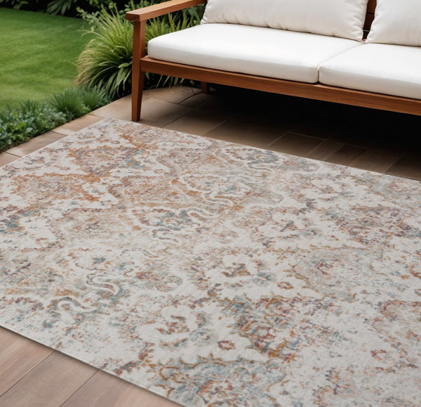 HomeRoots 9' Stylish Beige Indoor Outdoor Area Rug - Durable, Easy-Care, Classic Damask Design for Any Space 482919