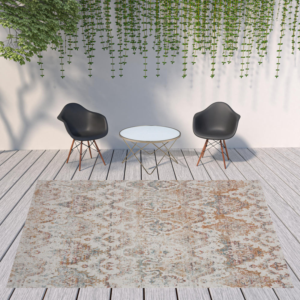 Homeroots 9' X 12' Beige Damask Stain Resistant Indoor Outdoor Area Rug  Polypropylene 482919