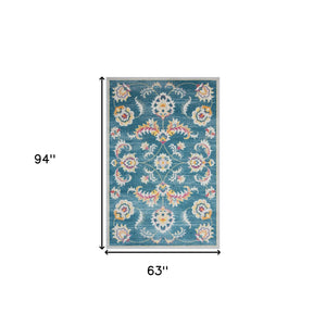 Homeroots 5' X 8' Blue And Ivory Floral Stain Resistant Indoor Outdoor Area Rug  Polypropylene 482929