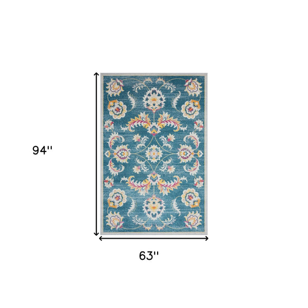 Homeroots 5' X 8' Blue And Ivory Floral Stain Resistant Indoor Outdoor Area Rug  Polypropylene 482929