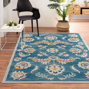 Homeroots 5' X 8' Blue And Ivory Floral Stain Resistant Indoor Outdoor Area Rug  Polypropylene 482929