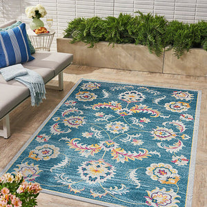 Homeroots 5' X 8' Blue And Ivory Floral Stain Resistant Indoor Outdoor Area Rug  Polypropylene 482929