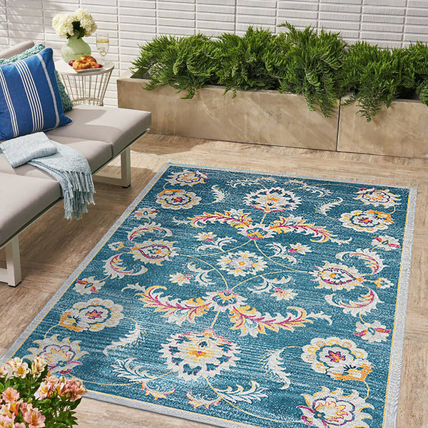 Homeroots 5' X 8' Blue And Ivory Floral Stain Resistant Indoor Outdoor Area Rug  Polypropylene 482929