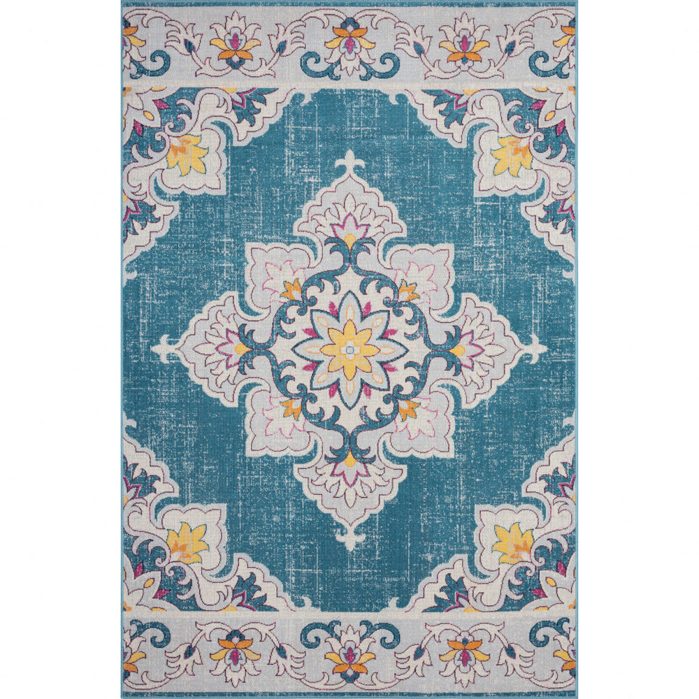 Homeroots 5' X 8' Blue And Ivory Floral Stain Resistant Indoor Outdoor Area Rug  Polypropylene 482933
