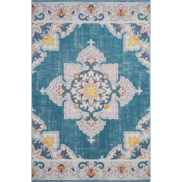 Homeroots 5' X 8' Blue And Ivory Floral Stain Resistant Indoor Outdoor Area Rug  Polypropylene 482933
