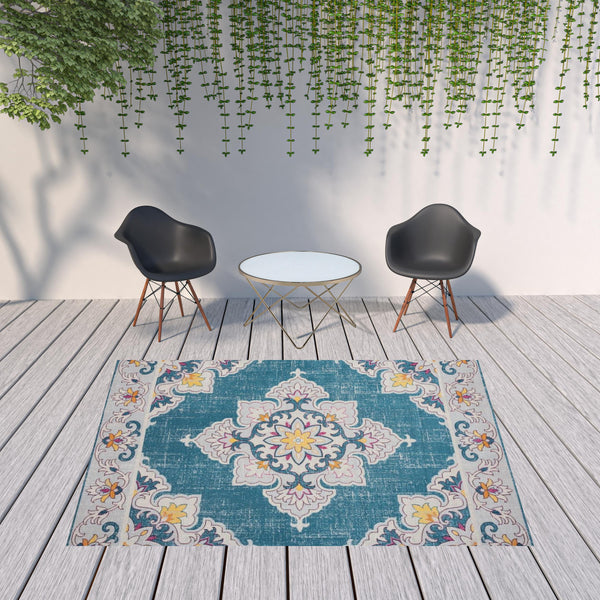 Homeroots 8' X 10' Blue And Ivory Floral Stain Resistant Indoor Outdoor Area Rug  Polypropylene 482934