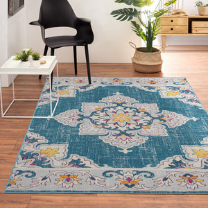 Homeroots 8' X 10' Blue And Ivory Floral Stain Resistant Indoor Outdoor Area Rug  Polypropylene 482934