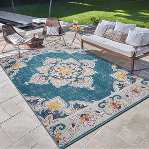 Homeroots 8' X 10' Blue And Ivory Floral Stain Resistant Indoor Outdoor Area Rug  Polypropylene 482934