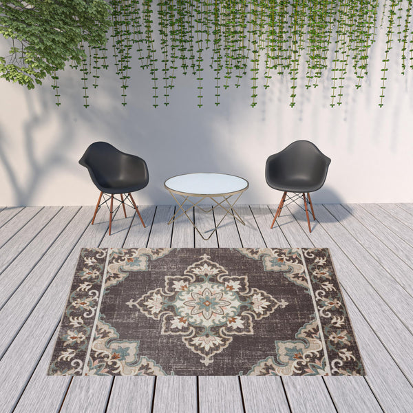 Homeroots 8' X 10' Brown Floral Stain Resistant Indoor Outdoor Area Rug  Polypropylene 482936