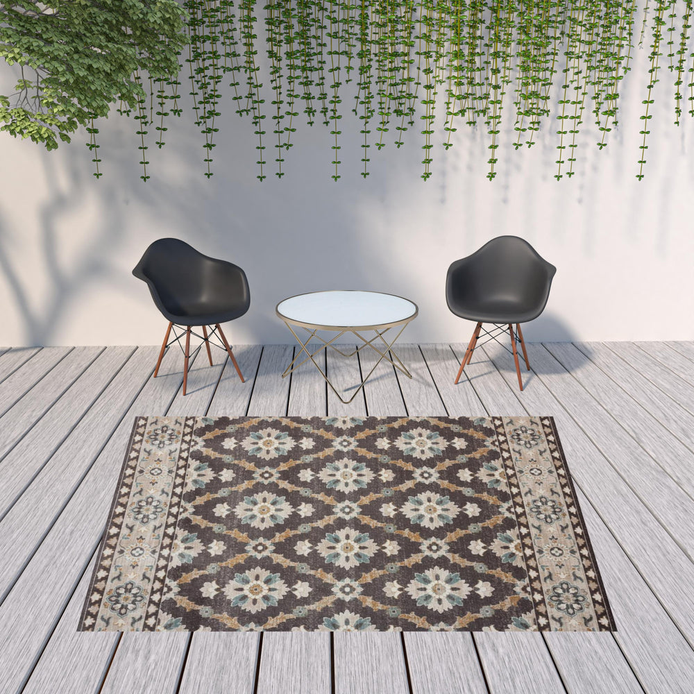 Homeroots 8' X 10' Brown Floral Stain Resistant Indoor Outdoor Area Rug  Polypropylene 482938
