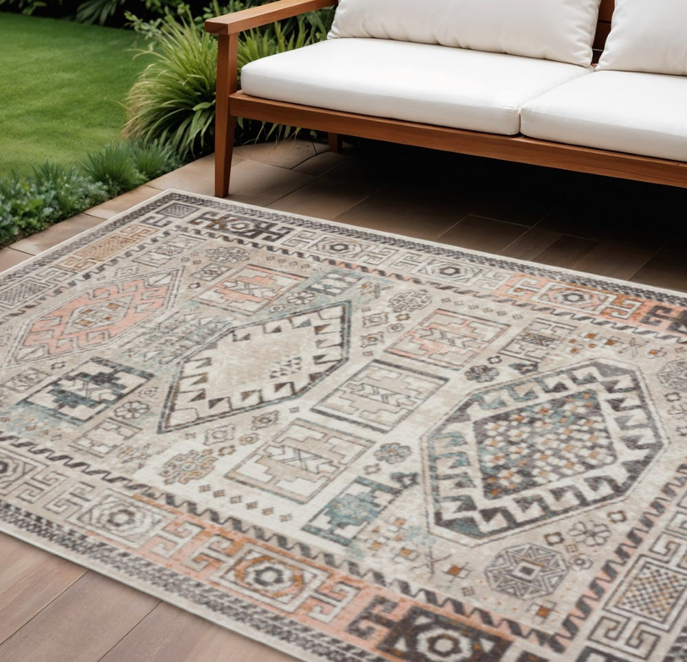 HomeRoots 8' x 10' Cream Indoor-Outdoor Area Rug - Modern Geometric Design, Durable, Low-Maintenance & Versatile 482942
