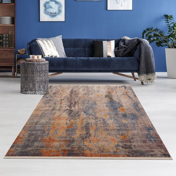 HomeRoots 4' Abstract Distressed Area Rug in Gray Beige Blue Yellow – Stylish, Stain-Resistant Design for Home 8' X 10' 482947