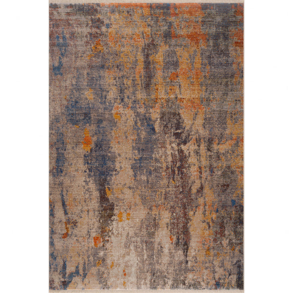 Homeroots 9' X 12' Gray Beige Blue And Yellow Abstract Power Loom Distressed Stain Resistant Area Rug  Polyester 482948