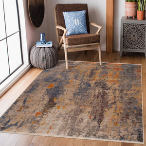 Homeroots 9' X 12' Gray Beige Blue And Yellow Abstract Power Loom Distressed Stain Resistant Area Rug  Polyester 482948