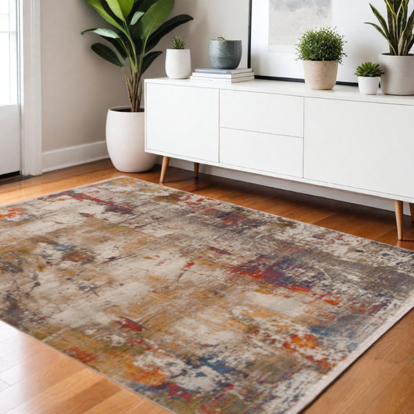 HomeRoots 4' Gray and Ivory Abstract Area Rug - Stain Resistant, Durable, Modern Design for High-Traffic Spaces 4' X 6' 482949