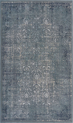 Homeroots 5' X 8' Blue Silver Gray And Cream Damask Distressed Stain Resistant Area Rug  Polyester 482955
