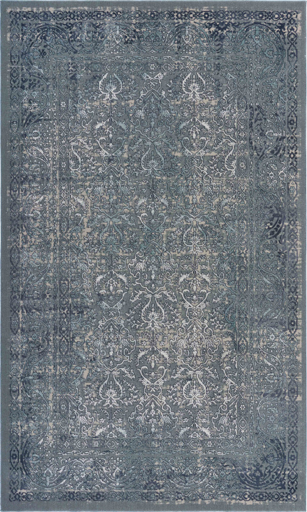 Homeroots 5' X 8' Blue Silver Gray And Cream Damask Distressed Stain Resistant Area Rug  Polyester 482955