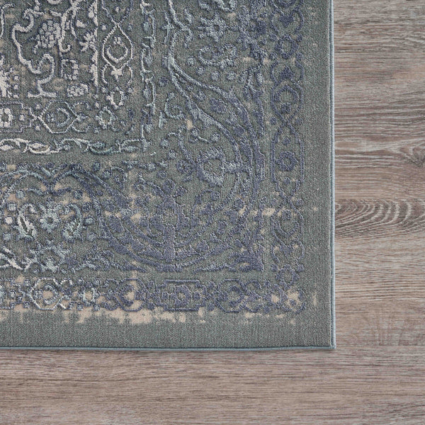 Homeroots 5' X 8' Blue Silver Gray And Cream Damask Distressed Stain Resistant Area Rug  Polyester 482955