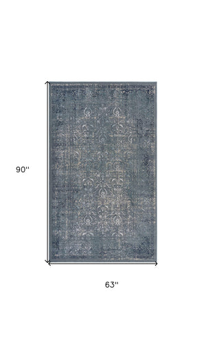 Homeroots 5' X 8' Blue Silver Gray And Cream Damask Distressed Stain Resistant Area Rug  Polyester 482955