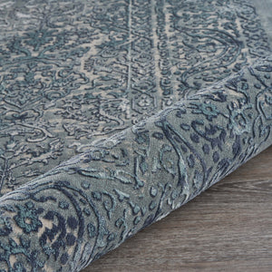 Homeroots 8' X 11' Blue Silver Gray And Cream Damask Distressed Stain Resistant Area Rug  Polyester 482956