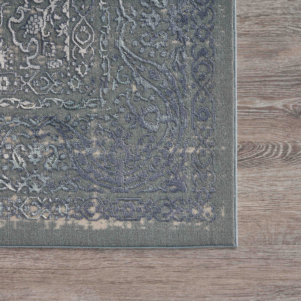 Homeroots 8' X 11' Blue Silver Gray And Cream Damask Distressed Stain Resistant Area Rug  Polyester 482956