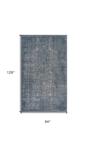 Homeroots 8' X 11' Blue Silver Gray And Cream Damask Distressed Stain Resistant Area Rug  Polyester 482956