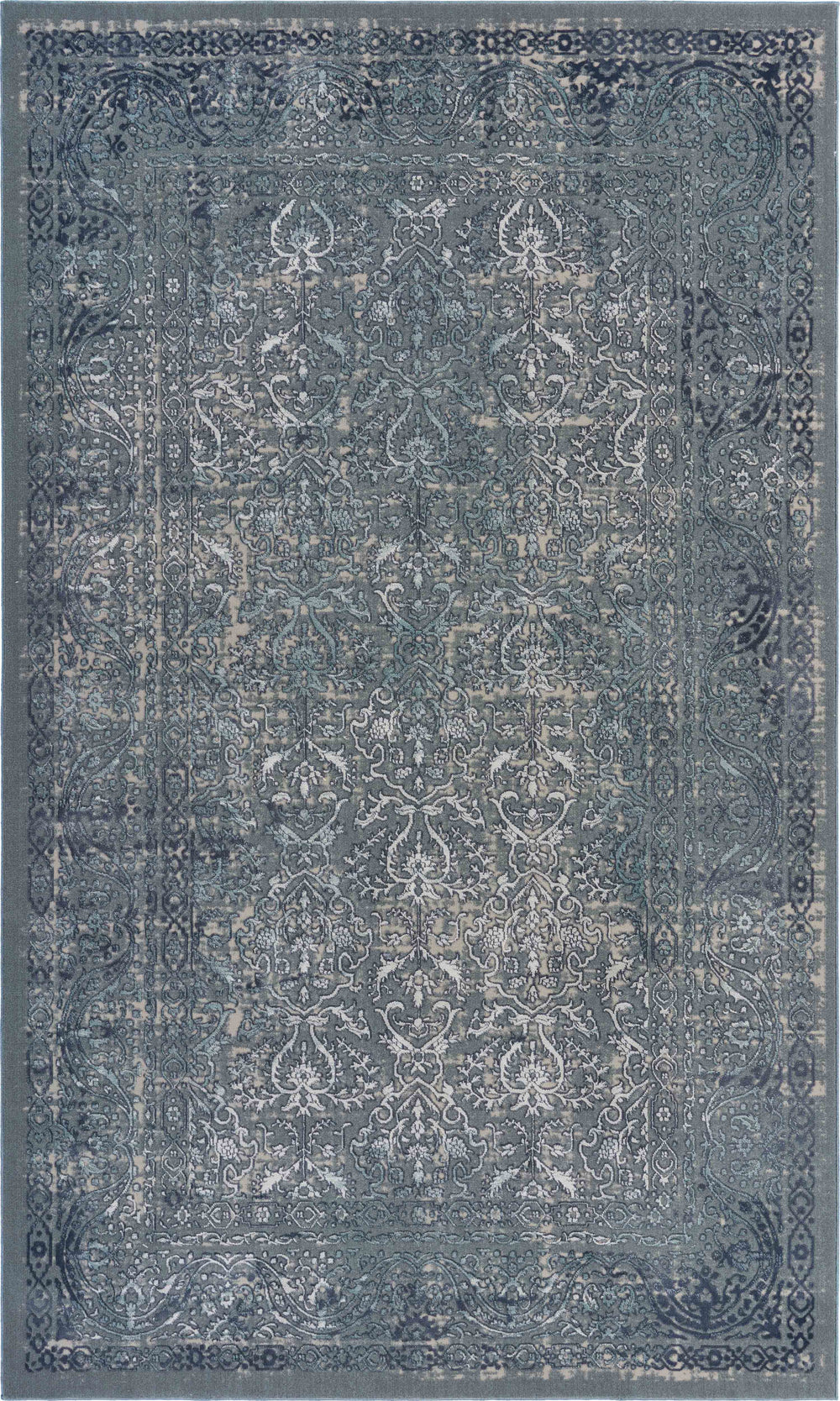 Homeroots 10' X 13' Blue Silver Gray And Cream Damask Distressed Stain Resistant Area Rug  Polyester 482957