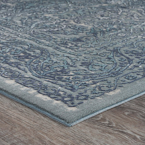 Homeroots 10' X 13' Blue Silver Gray And Cream Damask Distressed Stain Resistant Area Rug  Polyester 482957