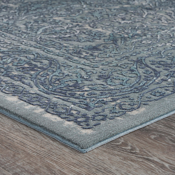 Homeroots 10' X 13' Blue Silver Gray And Cream Damask Distressed Stain Resistant Area Rug  Polyester 482957