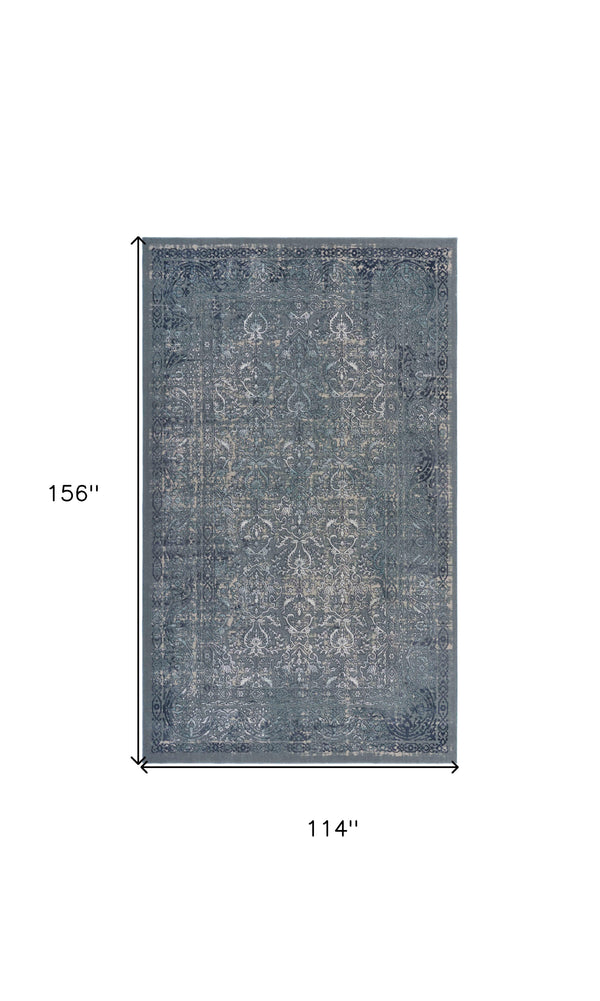 Homeroots 10' X 13' Blue Silver Gray And Cream Damask Distressed Stain Resistant Area Rug  Polyester 482957