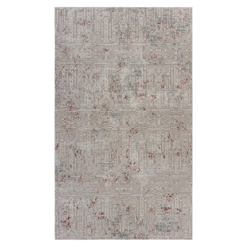 Homeroots 5' X 8' Gray Ivory Slate Blue And Wine Red Geometric Stain Resistant Area Rug  Polyester 482975