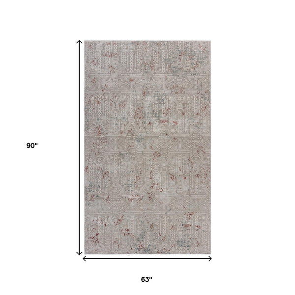 Homeroots 5' X 8' Gray Ivory Slate Blue And Wine Red Geometric Stain Resistant Area Rug  Polyester 482975