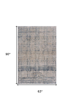 Homeroots 5' X 8' Cream Blue And Ivory Geometric Distressed Stain Resistant Area Rug  Polyester 482980