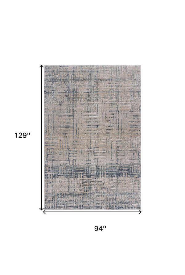 Homeroots 8' X 11' Cream Blue And Ivory Geometric Distressed Stain Resistant Area Rug  Polyester 482981