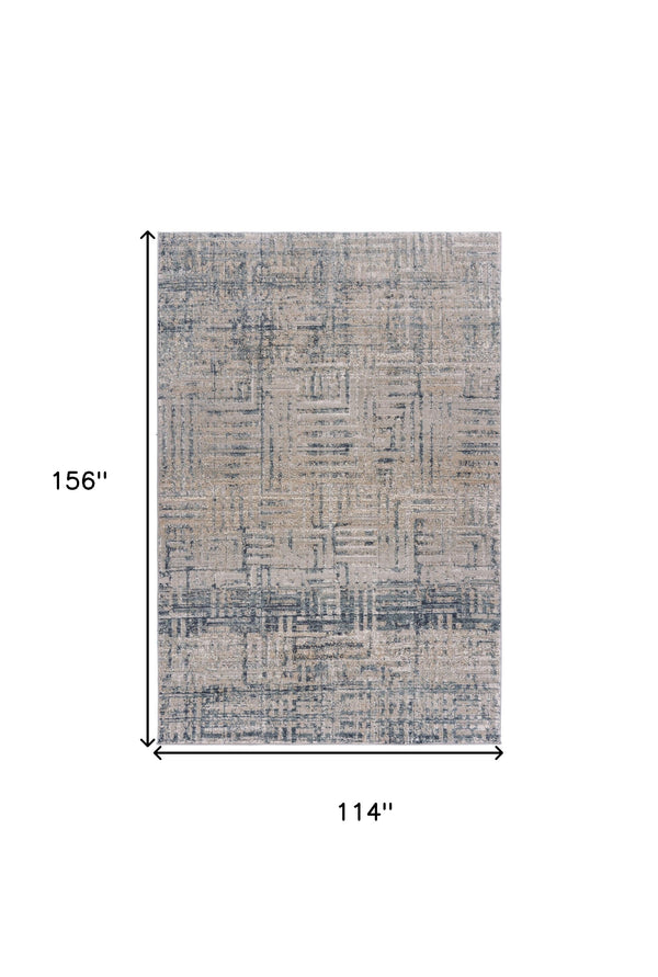 Homeroots 10' X 13' Cream Blue And Ivory Geometric Distressed Stain Resistant Area Rug  Polyester 482982